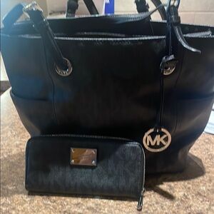 Michael Kors Black Leather Tote Bag with Silver Accents